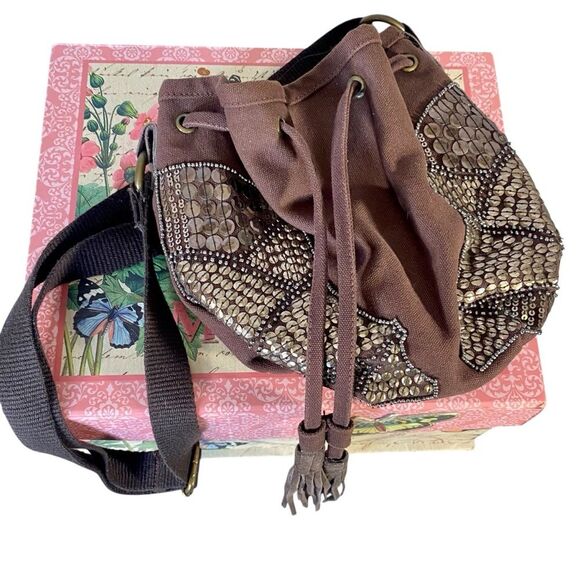 American Eagle Brown Sequin Shoulder Bag Festival Boho Hippie Satchel - Picture 2 of 12